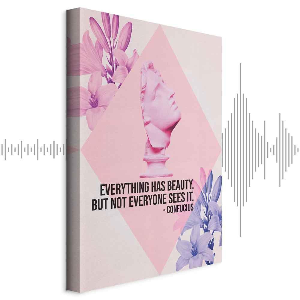 Leinwandbild - Beauty in the Eyes - Inspirational Quote with Pink Bust and Flowers