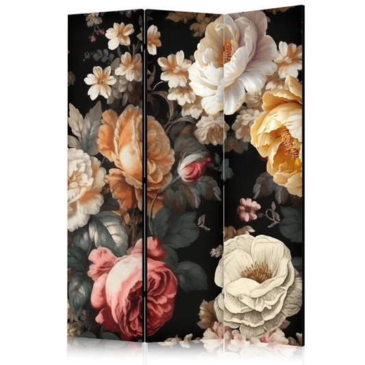 Paravent - Floristry in Vintage Style - a Plethora of Colorful Flowers on a Black Background Artgeist