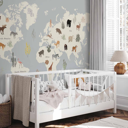 Fototapete - Pastel Planet - Animals and Underwater Plants on a Map