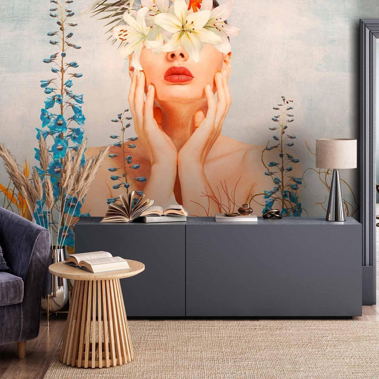 Fototapete - Nature in thought - female figure among flowers on a patterned background