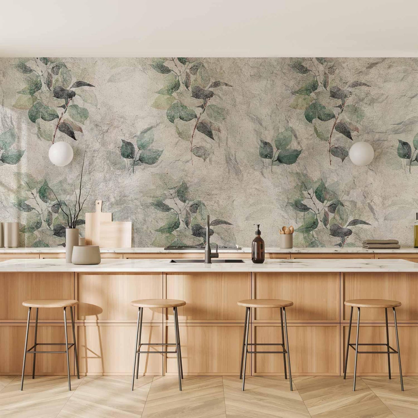 Fototapete - Statue of nature - plant motif with green leaves with grey patterns