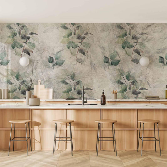 Fototapete - Statue of nature - plant motif with green leaves with grey patterns