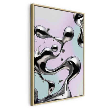 Leinwandbild - Metallic Fluidity - Abstract Silver Forms on a Mint-Purple Background