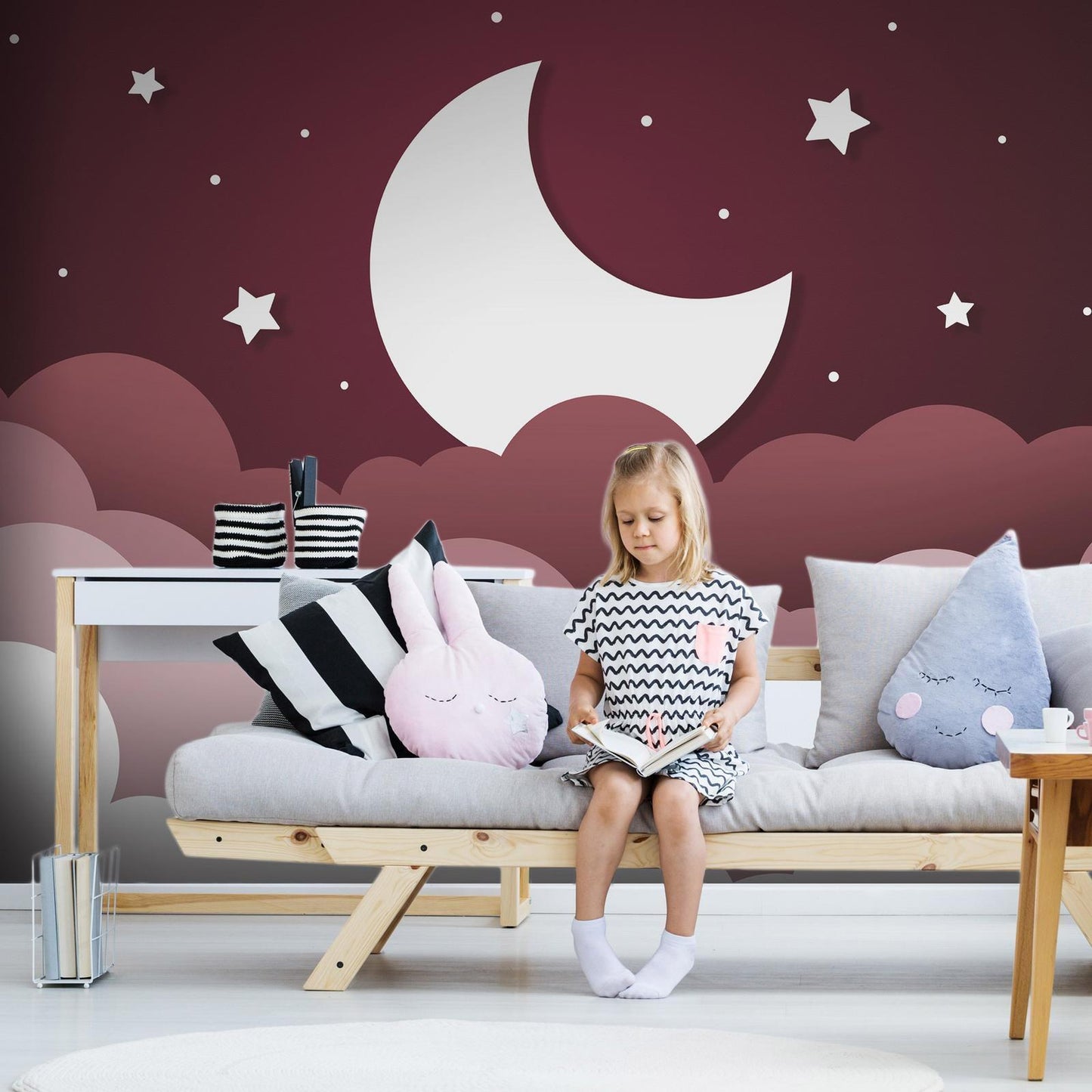 Fototapete - Moon dream - clouds in a maroon sky with stars for children Artgeist