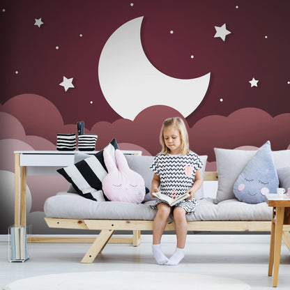Fototapete - Moon dream - clouds in a maroon sky with stars for children Artgeist