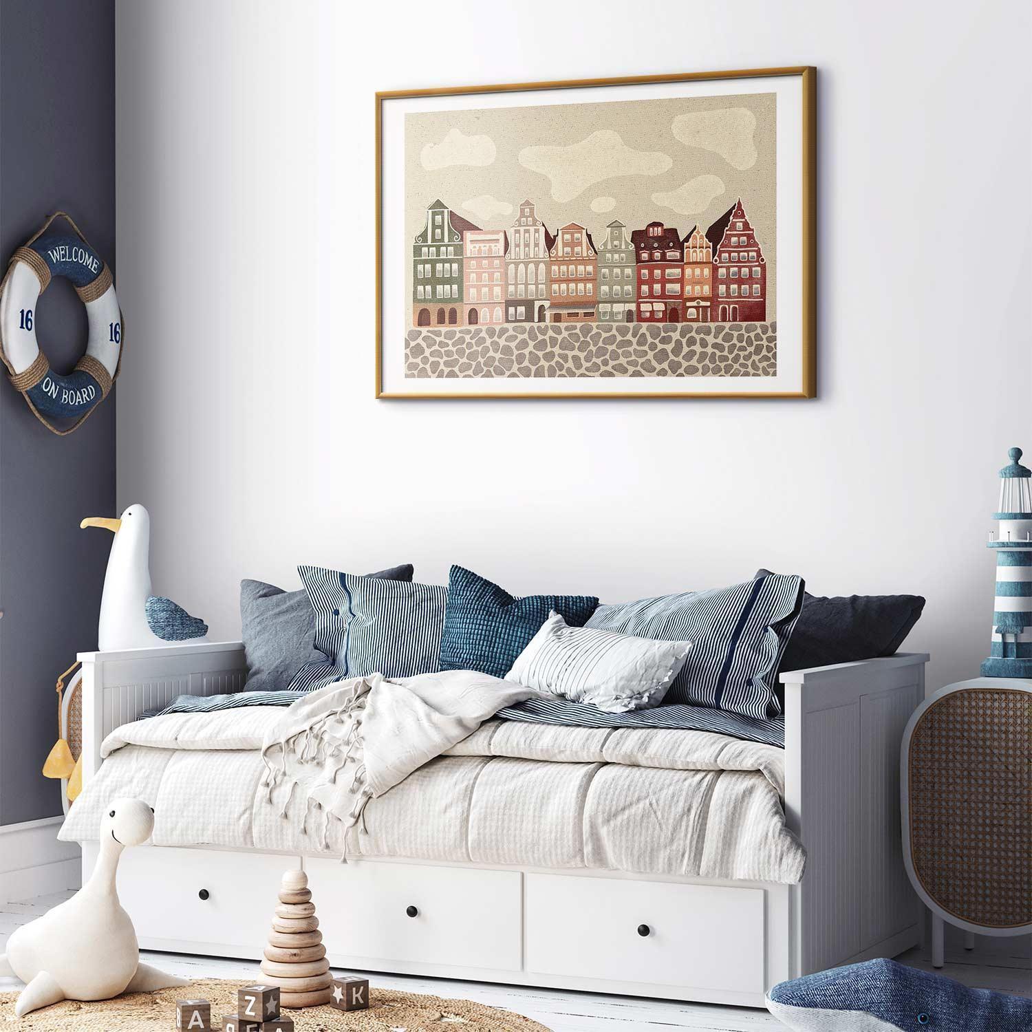 Poster featuring colorful facades of historic Wrocław tenement houses, displayed in a cozy room environment.