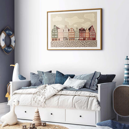 Poster featuring colorful facades of historic Wrocław tenement houses, displayed in a cozy room environment.