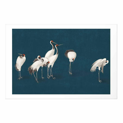 Poster - Evening at the Pond - group of cranes drawn in dry pastel on a dark turquoise background