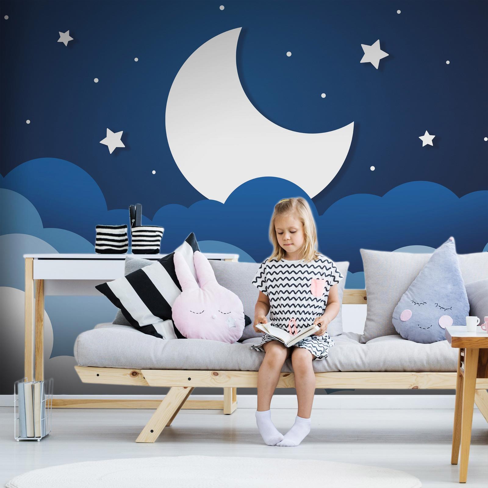 Fototapete - Moon dream - clouds on a dark blue sky with stars for children Artgeist