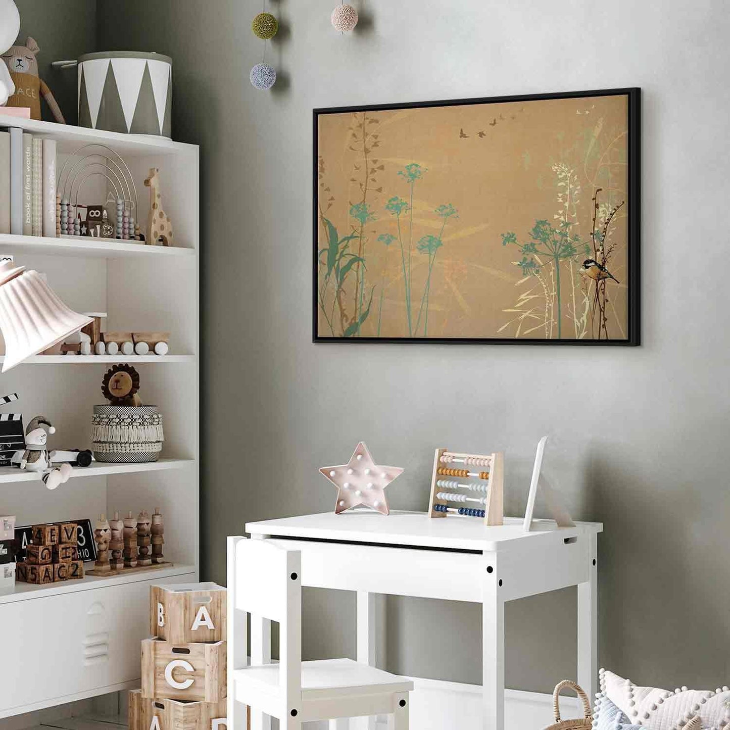 Leinwandbild - Tiny Bird - Colorful Grasses in Golden Shades of Sunset