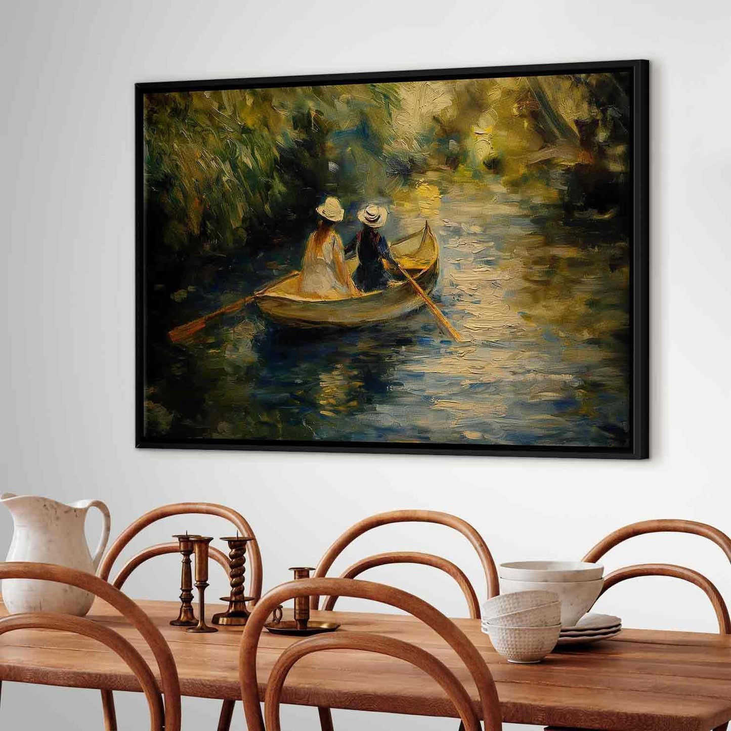 Leinwandbild - Boat crossing - painting of two women sailing a boat on a river
