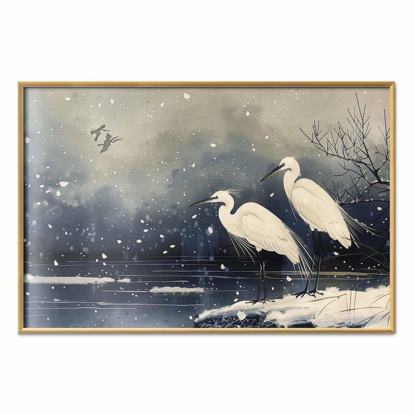Poster - Herons over a Winter Pond - illustration in the Japanese style in dark colors