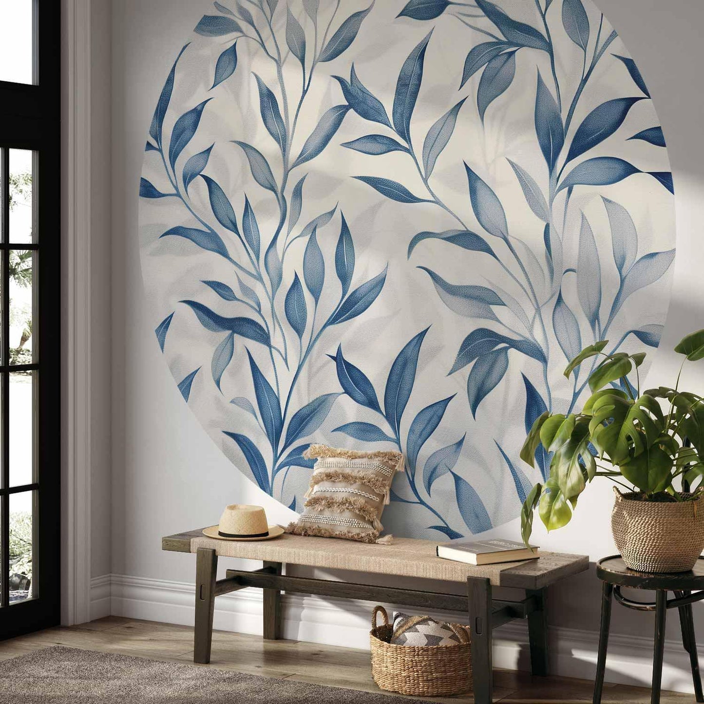Runde Fototapete - Delicate botanical motif with blue leaves
