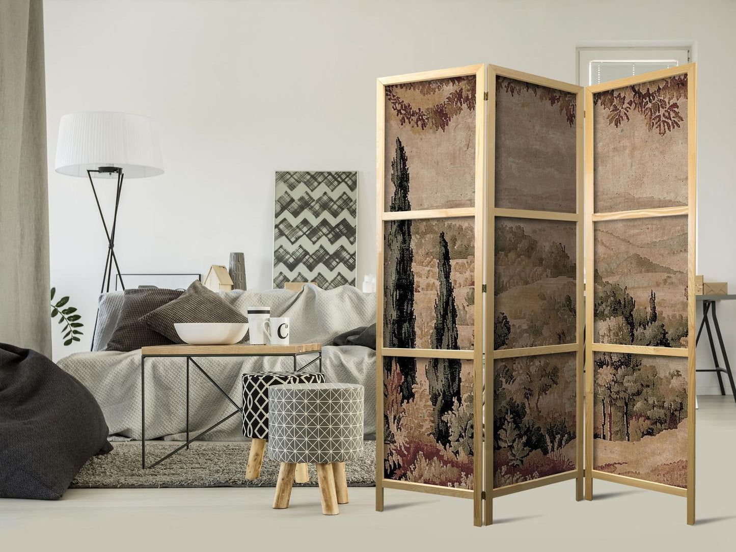 Japanischer Paravent - Landscape with Cypresses - Old Tapestry with Mediterranean Vegetation