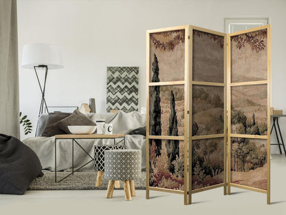 Japanischer Paravent - Landscape with Cypresses - Old Tapestry with Mediterranean Vegetation