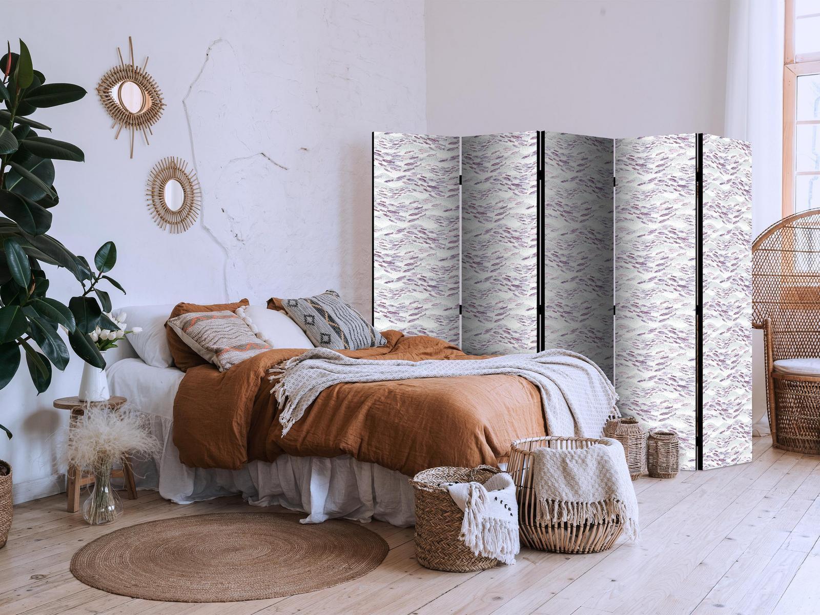 Paravent - Fish in Muted Colors - a School of Small Fishes in Light Purple And Delicate Pink Against Grey Waves Artgeist