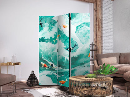 Paravent "Koi-Fische und Wellen" – Japanische Eleganz in Türkis und Weiß