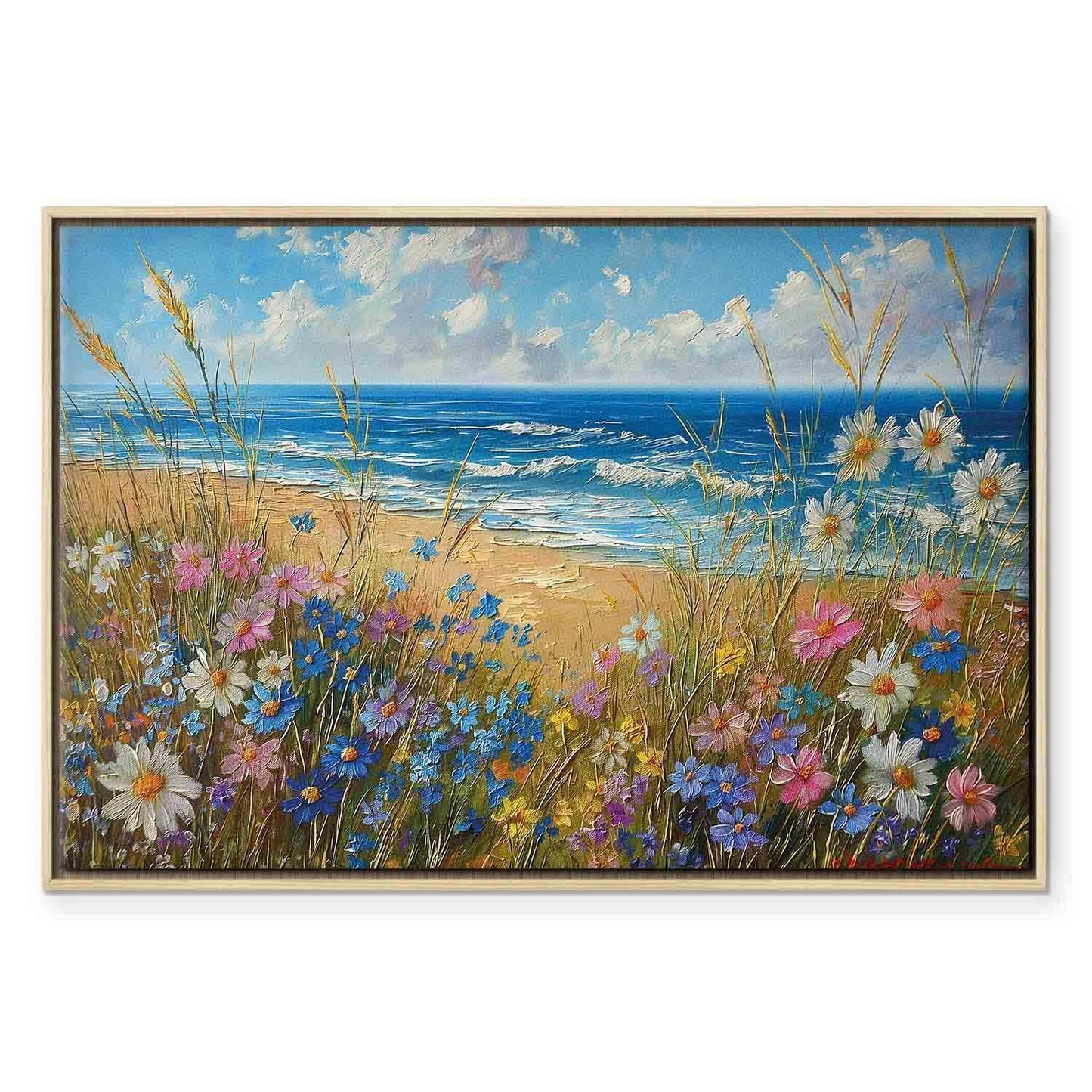 Leinwandbild - Seascape – wildflowers and a view of the rough sea