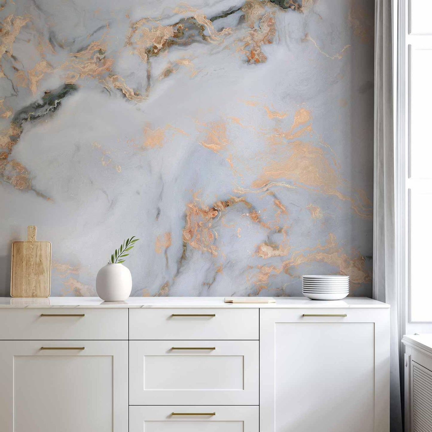 Elegant marble wallpaper with golden highlights on living room wall, Fototapete - White Stone.