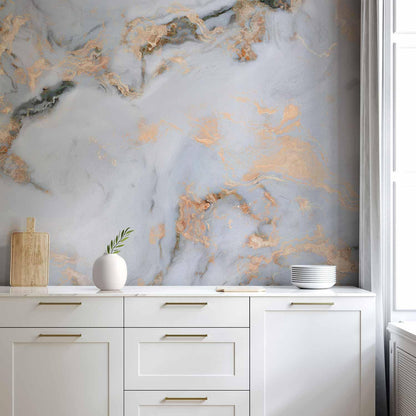 Elegant marble wallpaper with golden highlights on living room wall, Fototapete - White Stone.