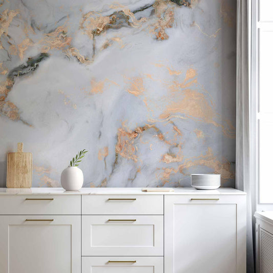 Elegant marble wallpaper with golden highlights on living room wall, Fototapete - White Stone.