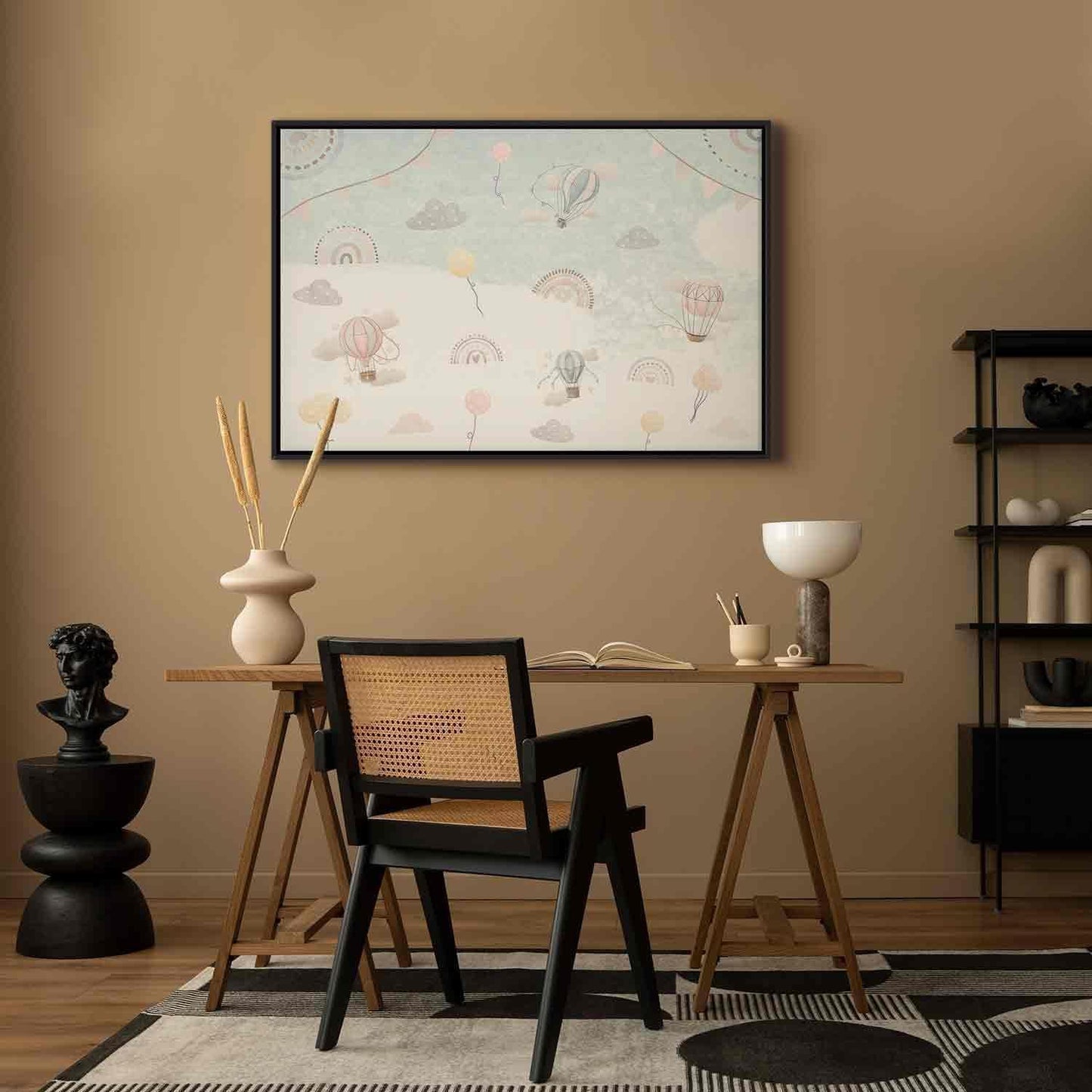 Leinwandbild - Sky with Balloons - Balloons in Subdued Colors Flying in the Sky Among Clouds Rainbows and Stars