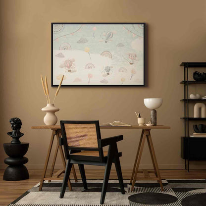 Leinwandbild - Sky with Balloons - Balloons in Subdued Colors Flying in the Sky Among Clouds Rainbows and Stars