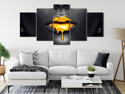 Leinwandbild Goldene Lippen – Glamouröses 5-teiliges Wandbild in Schwarz-Gold