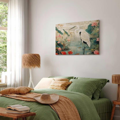 Leinwandbild - By an Asian pond - an illustration in the style of a Japanese engraving, depicting a heron