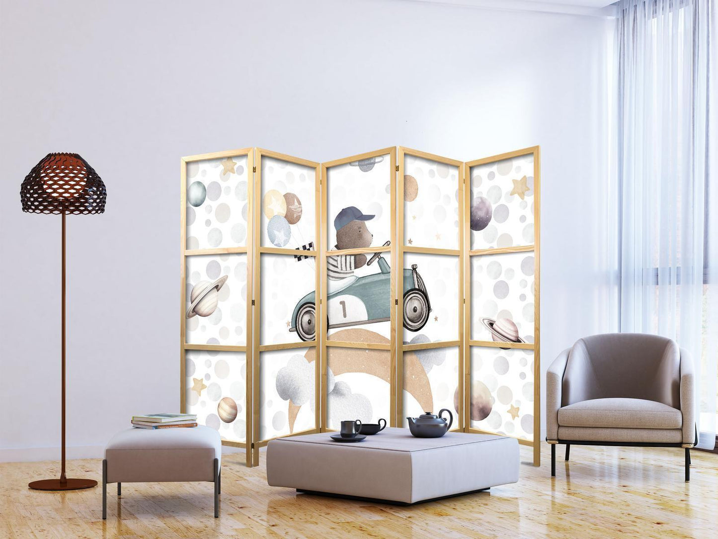 Japanischer Paravent - Galactic Races - Bear participating in car races among planets - clouds - and stars in pastel colors