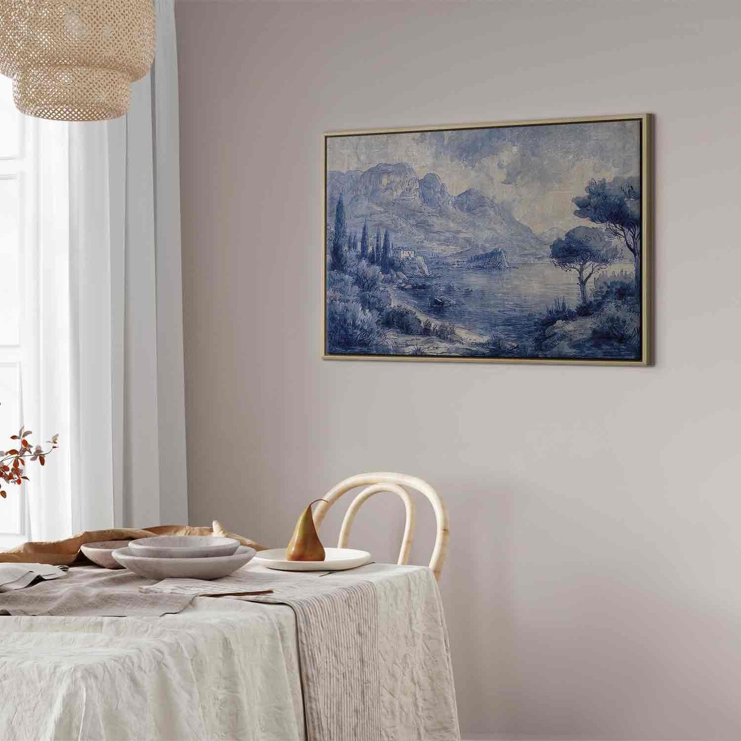 Leinwandbild - Blue Bay - Italian landscape of Lake Como painted with blue ink