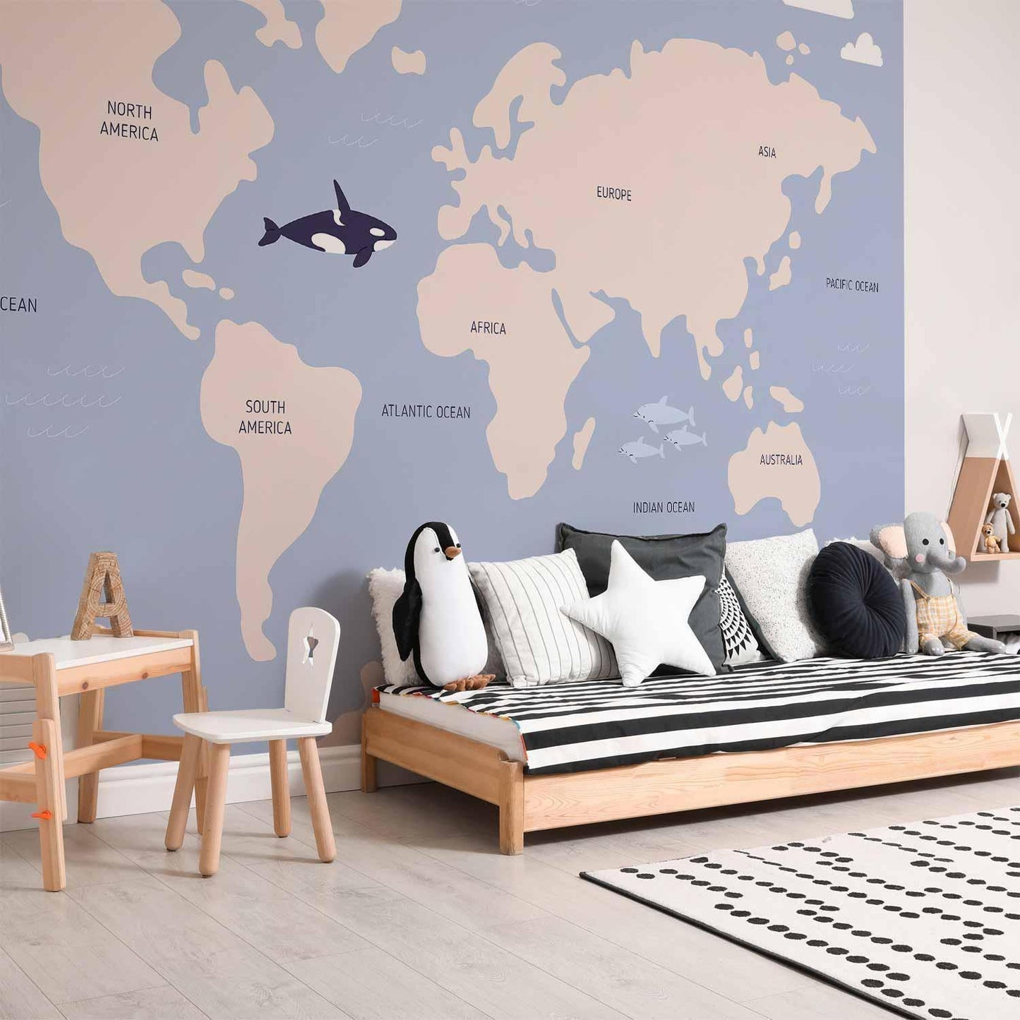 Fototapete - Pastel Planet - Animals and Underwater Plants on a Map