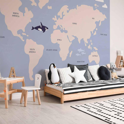 Fototapete - Pastel Planet - Animals and Underwater Plants on a Map