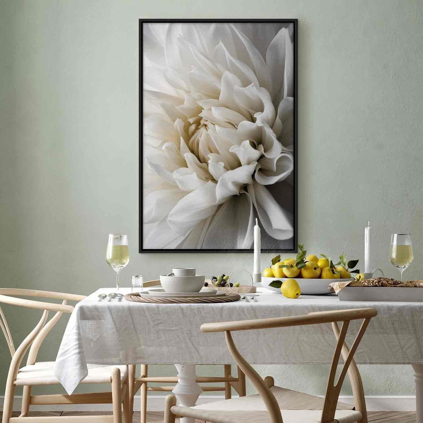 Canvas artwork featuring a white dahlia, ideal for wall decoration in living rooms and bedrooms.
