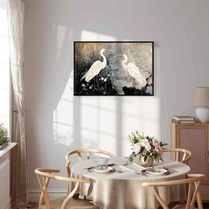 Leinwandbild - Herons and cherry blossoms - oriental-style illustration depicting birds