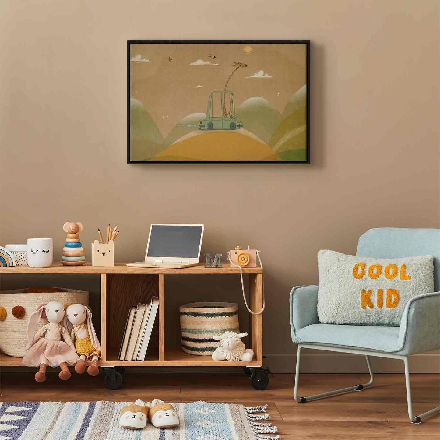 Leinwandbild - Dreamy Traveler - A Cheerful Giraffe Driving a Car on a Sunny Day Artgeist