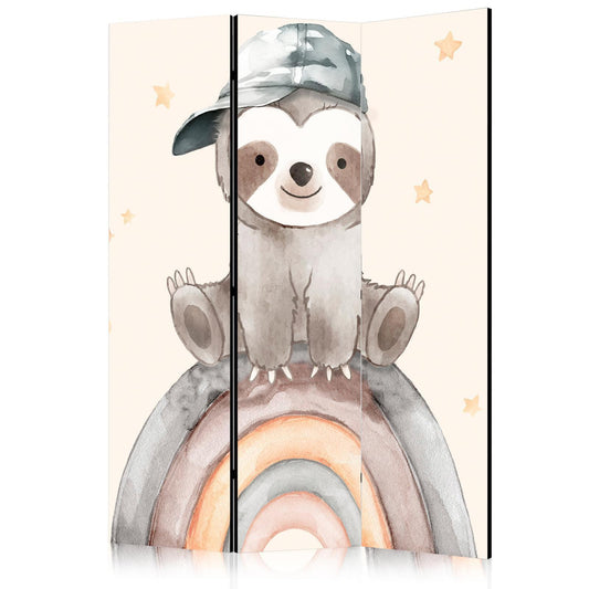Paravent - Happy Sloth - Sloth in Muted Colors - Wearing a Cap - Sitting on a Rainbow Among the Stars Artgeist