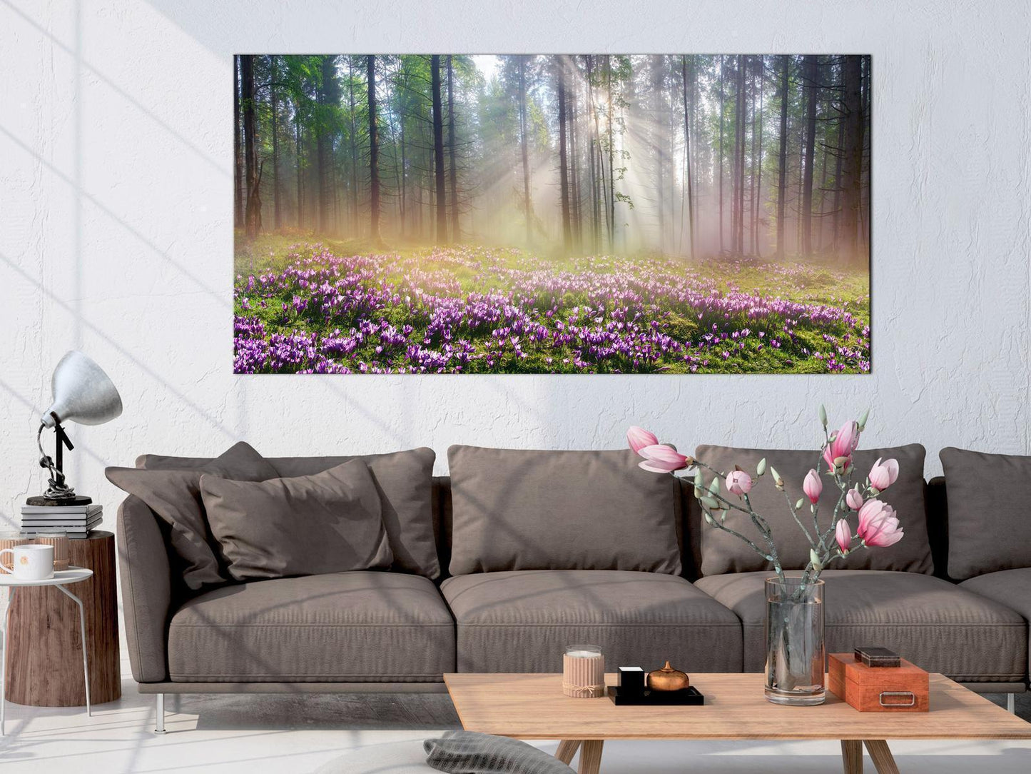 Wandbild Lila Blumenwiese – Stimmungsvolle Wanddeko mit Blumenmotiv