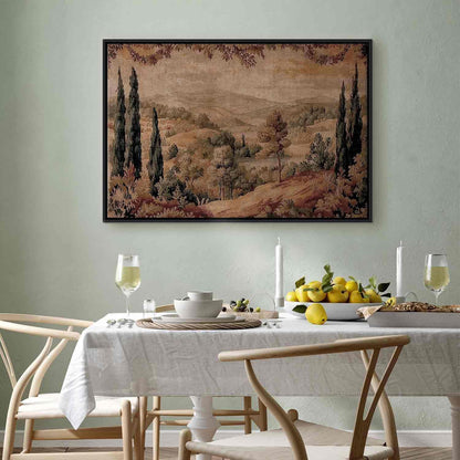 Leinwandbild - Mediterranean landscape - old tapestry with a hill and a lake
