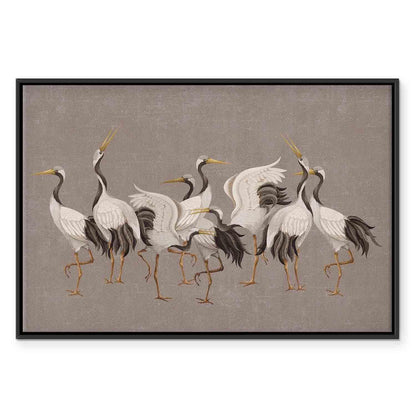 Leinwandbild - Crane dance – bright silhouettes of birds against a warm grey background with texture