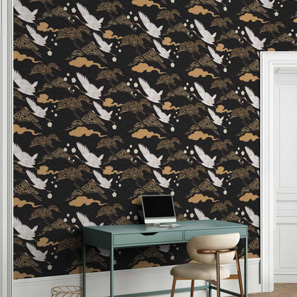 Tapete - Oriental impressions - decorative pattern with a motif of flying cranes on a dark background