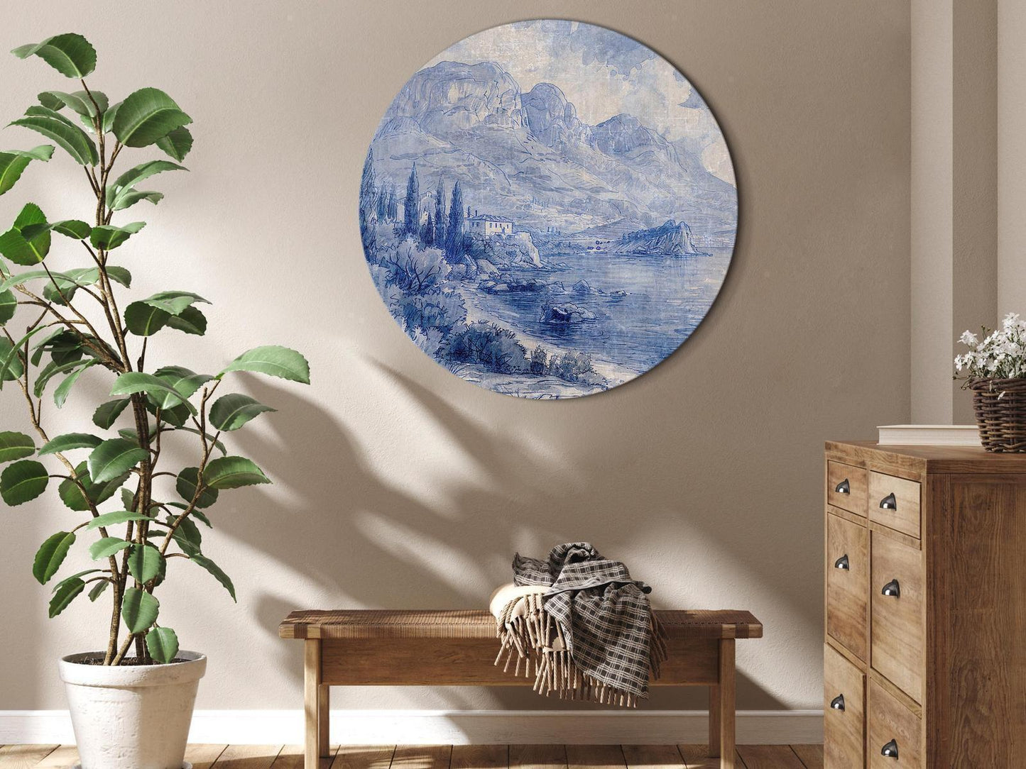 Rundes Bild - Blue bay - Italian landscape of Lake Como painted with blue ink