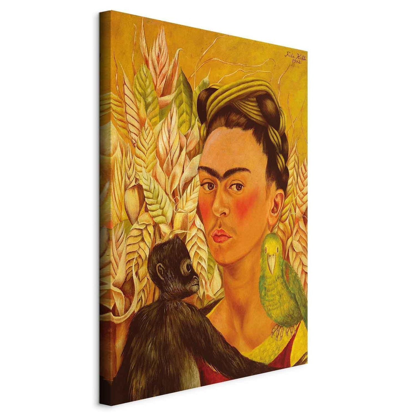 Leinwandbild - Frida Kahlo – Self-Portrait with Monkey and Parrot