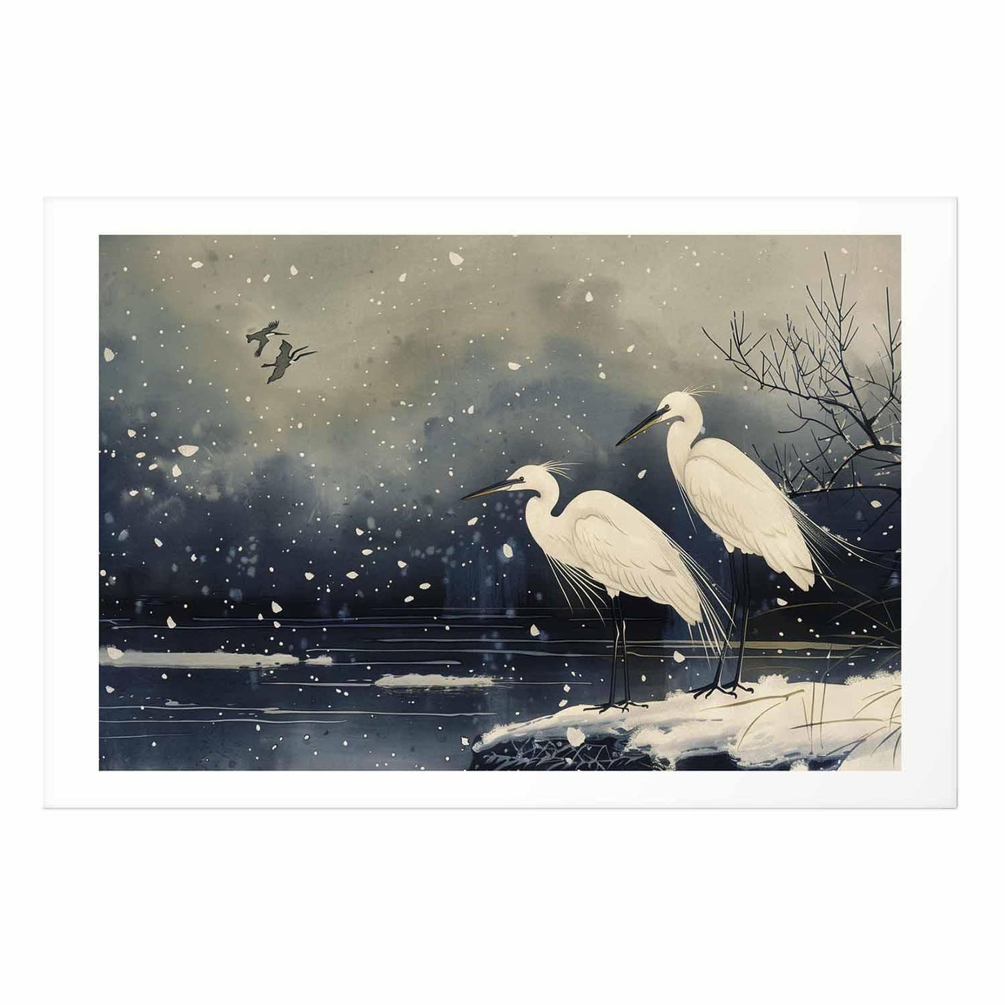 Poster - Herons over a Winter Pond - illustration in the Japanese style in dark colors
