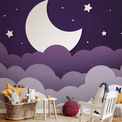 Fototapete - Moon dream - clouds in a purple sky with stars for children