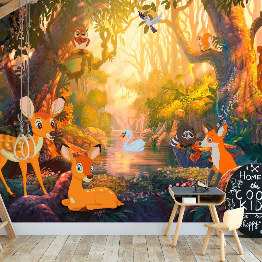 Fototapete Waldbewohner mit Tieren – liebevolles Waldmotiv für Kinderzimmerwände

