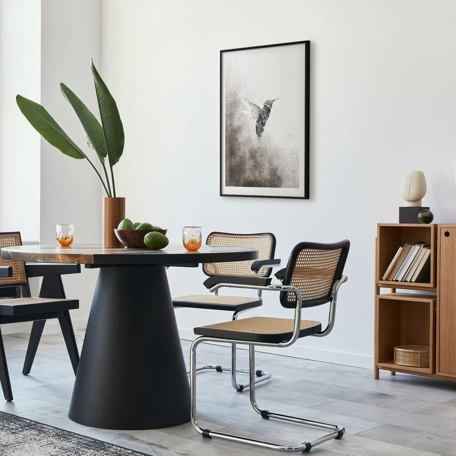 Wall art in a modern dining room featuring an ethnic hummingbird poster.