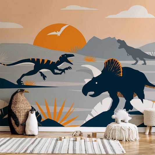 Fototapete - Last dinosaurs with orange - abstract landscape for a room Artgeist