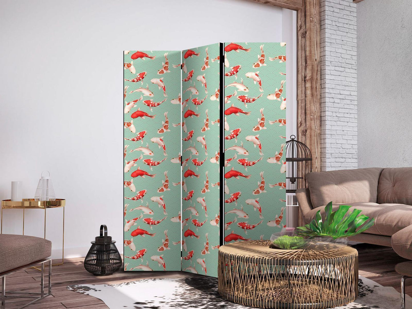 Paravent - Fish and Japanese Pattern - Koi Fish in Orange-Cream Colors on a Green-Mint Background with an Oriental Pattern Artgeist
