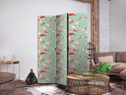 Paravent - Fish and Japanese Pattern - Koi Fish in Orange-Cream Colors on a Green-Mint Background with an Oriental Pattern Artgeist